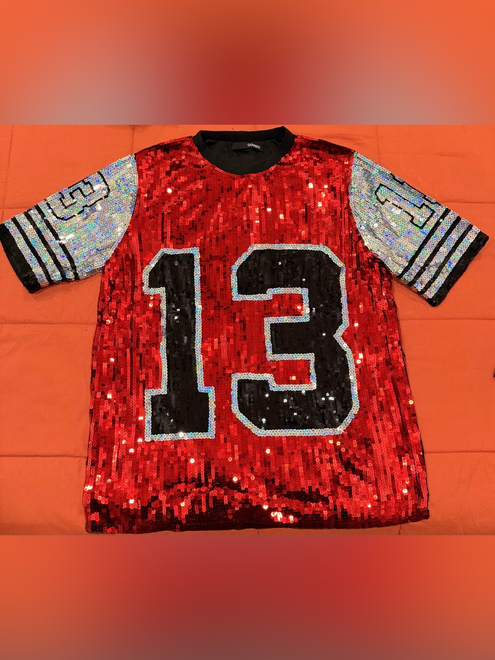 Sequin Sports-Inspired Red Jersey Top with Number 13